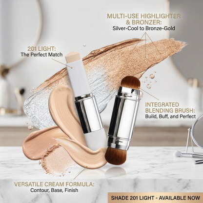 3-in-1 Dual-Ended Cover Cream Foundation & Highlighter Stick with Built-In Blending Brush