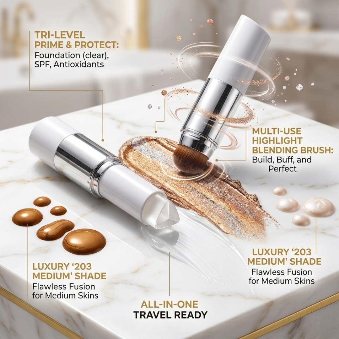 3-in-1 Dual-Ended Cover Cream Foundation & Highlighter Stick with Built-In Blending Brush