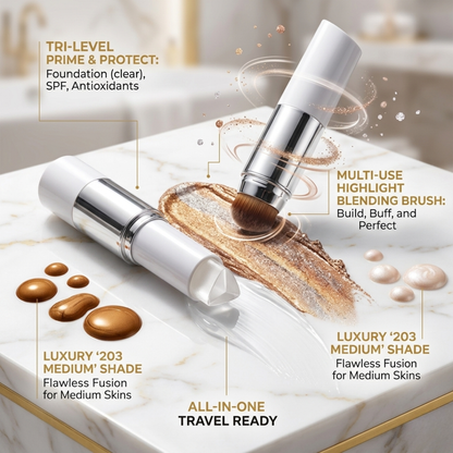 3-in-1 Dual-Ended Cover Cream Foundation & Highlighter Stick with Built-In Blending Brush