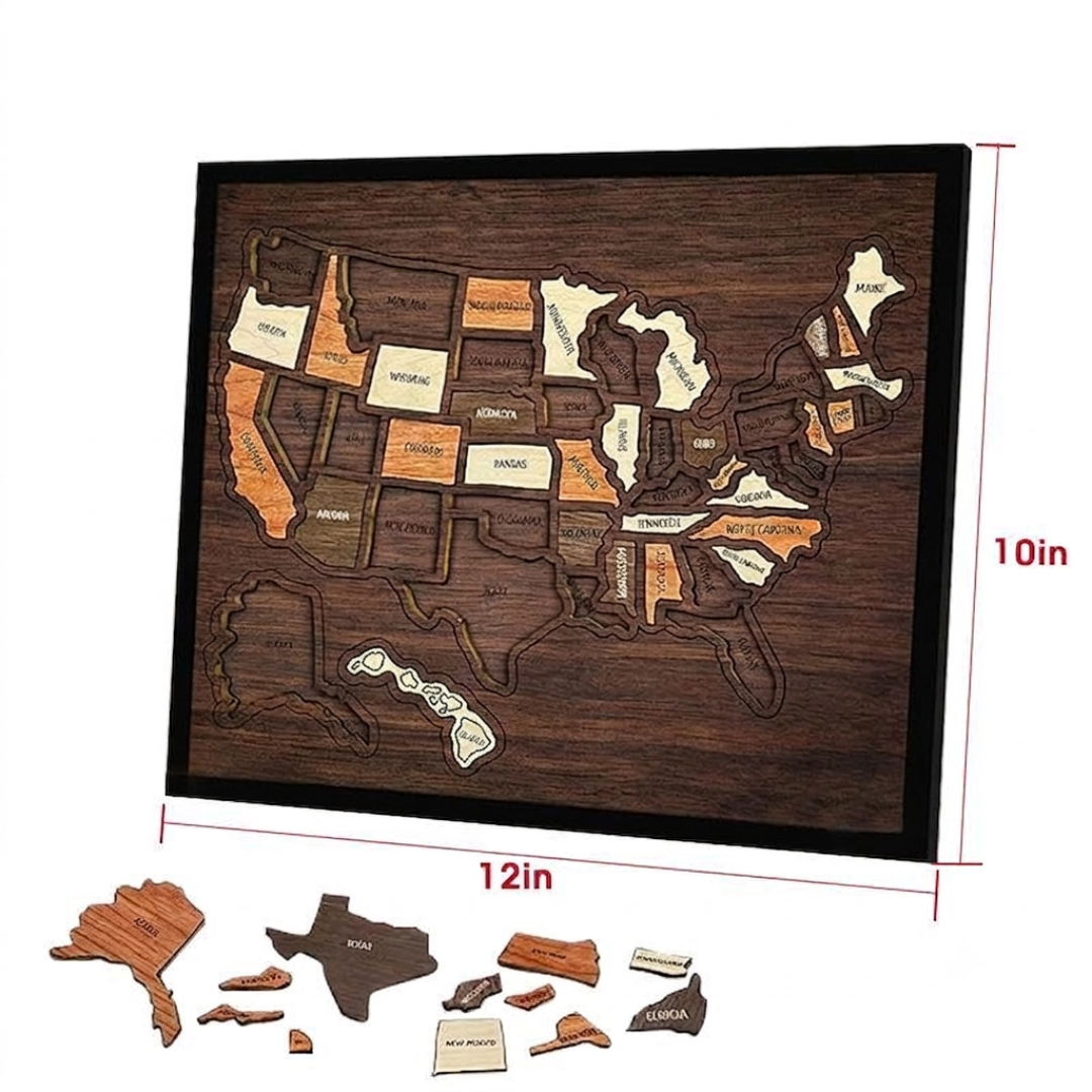 Premium Wooden U.S. Travel Map Puzzle & Family Decor