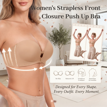 Womens Strapless Front Closure Push Up Bra